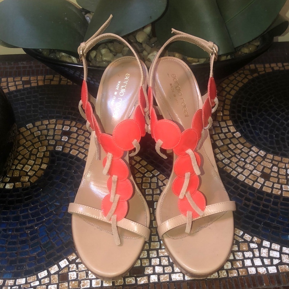 Sergio Rossi Coral Orange Frilled Leather Platform Open Toe Italian Sandals 37.5 - Picture 2 of 16